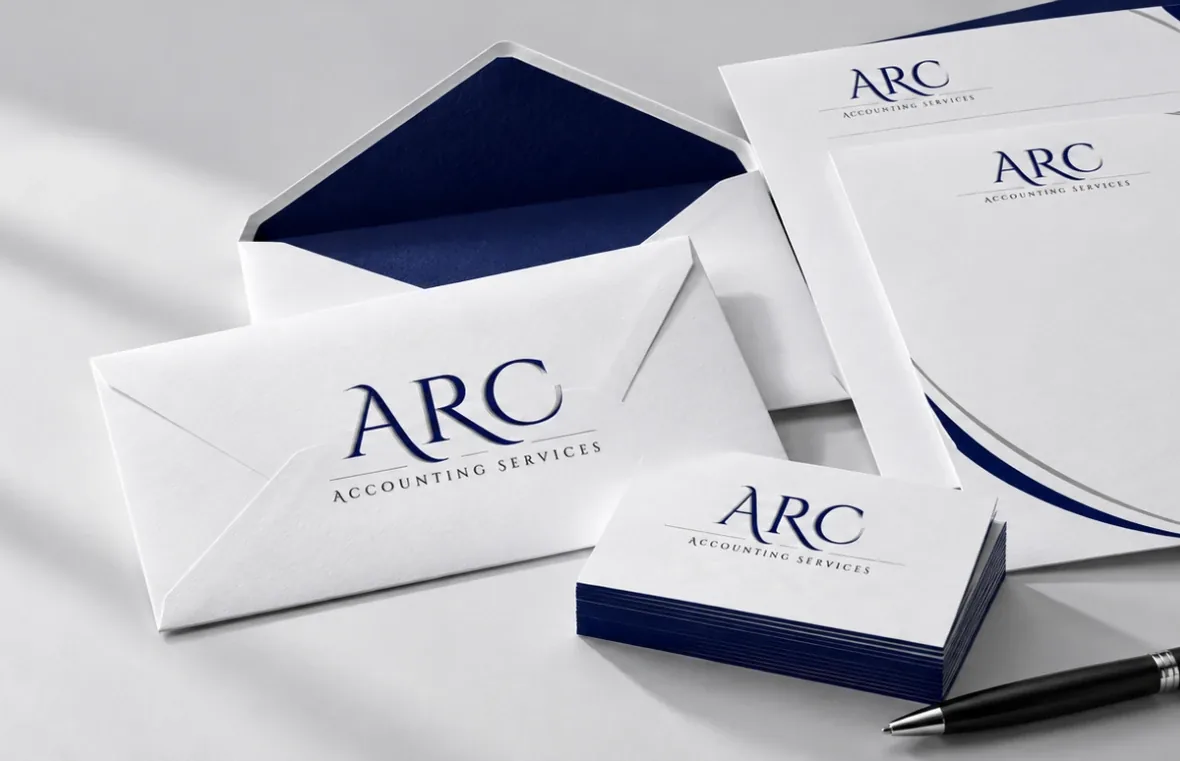 Papelería de ARC Accounting Services: sobres, tarjetas de presentación y carpeta con el logo.